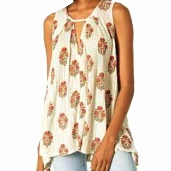 Lucky Brand Top Tunic Sleeveless Linen Floral Keyhole Boho Handkerchief Hem 1X - Picture 1 of 14